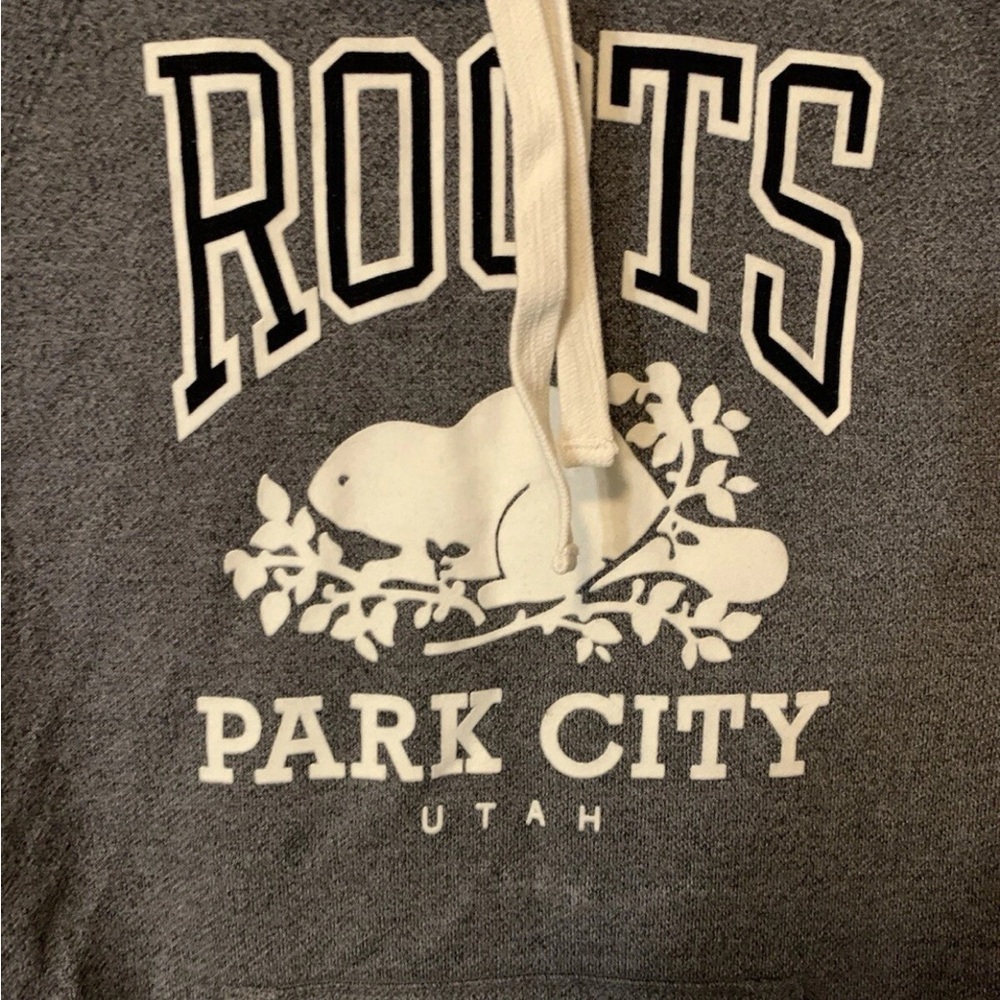 Roots‎ womens Sz XS Canada park city Utah Gray hoodie with Green Label pullover